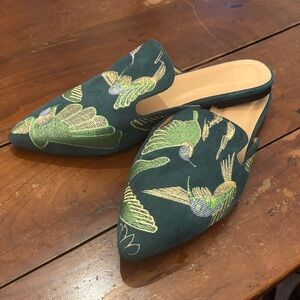 Embroidered Hummingbird Teal Green Slip-On Mules Flats Pointed Toe Slides